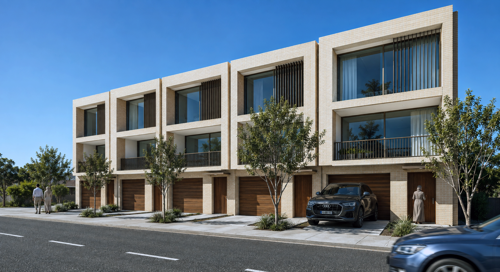 Terrace design visualisation with light brick façades, recessed balconies, vertical screens and a landscaped street frontage